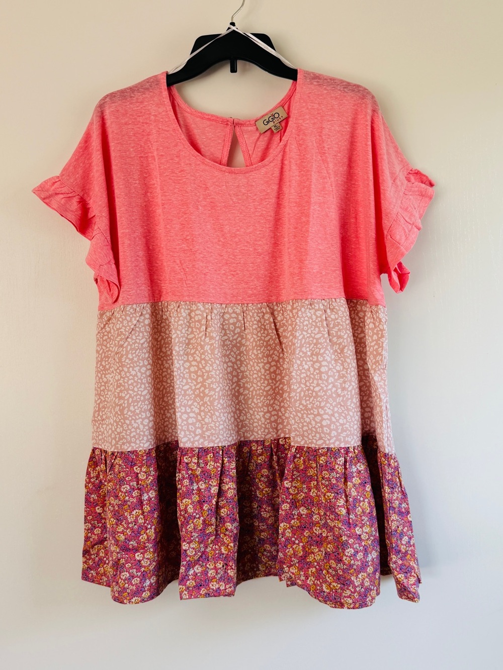 Gigio Women’s Pink Colorblock Tiered Tunic with Floral Hem Boho Cottagecore